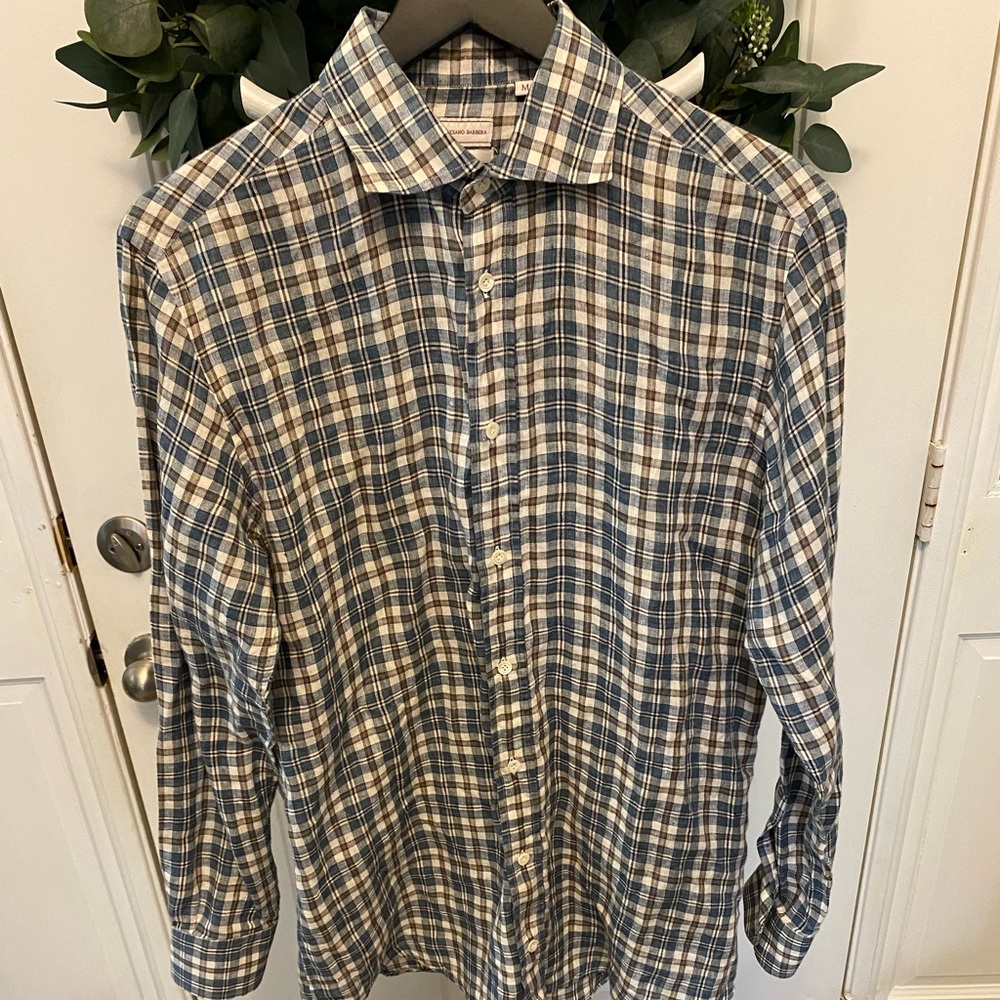 Mens Luciano Barbera Italian Linen Plaid Button Down Shirt LS M